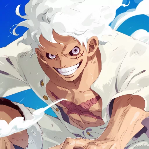 Gear 5 Luffy avatar with a dynamic pose and a confident smile against a blue sky background.