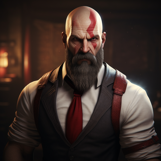 Kratos in a formal suit, red tie, smirking