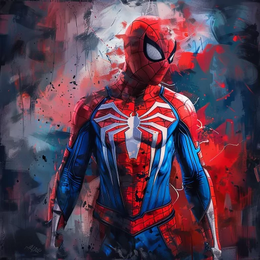 Spider-Man avatar with dynamic red and blue suit design against an abstract artistic background - perfect for a superhero-themed profile photo.