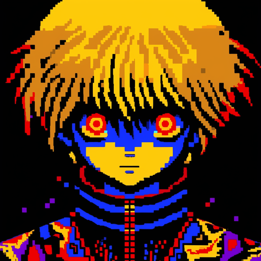 Kurapika, a character from Hunter x Hunter, in an 8-bit style.