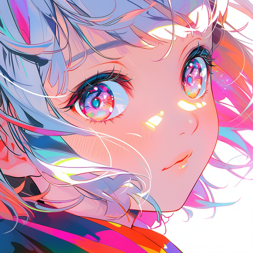 Colorful anime girl close-up, looking at the viewer.