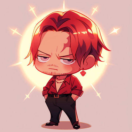 Chibi-style depiction of Shanks from One Piece anime, wearing a Niji (rainbow) outfit.