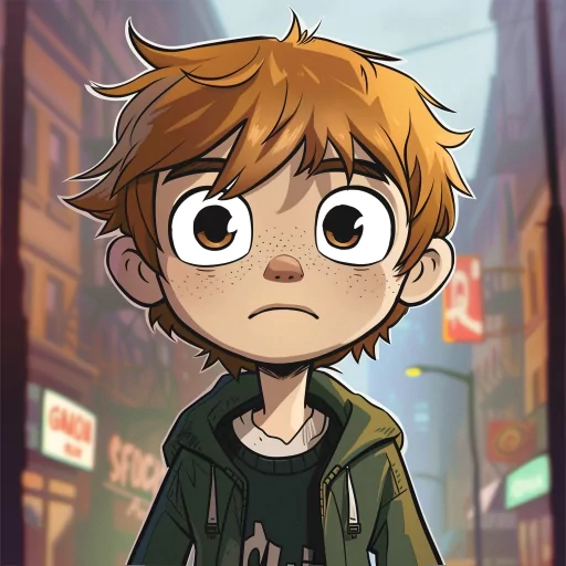 Cartoon avatar of a character in Scott Pilgrim style for a profile photo with a city street background.