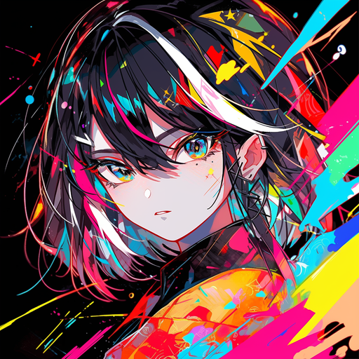 Anime girl with vibrant, tetradic colors making eye contact with viewer.