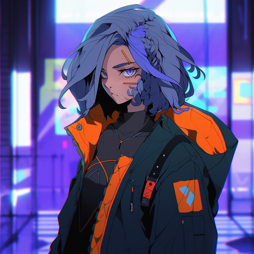 Cyberpunk-inspired Japanese lo-fi anime girl in vibrant shades of color.