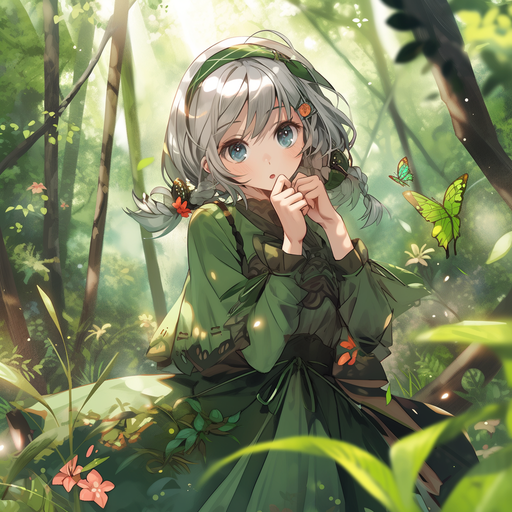 Anime girl standing in a peaceful forest