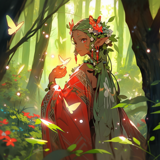 Forest-dwelling anime girl with serene expression, surrounded by lush trees and vibrant foliage.