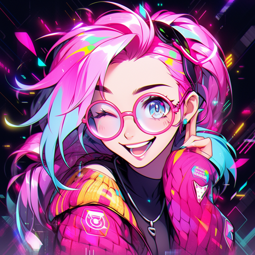 Smiling cyberpunk anime girl with vibrant 90's style colors.