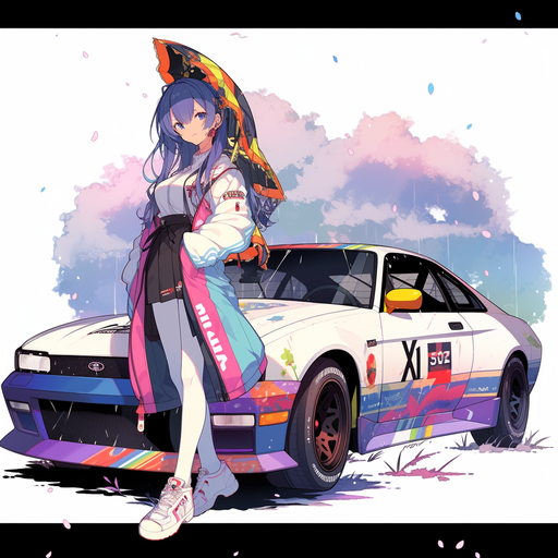 Anime girl with pink hair posing next to a JDM car.