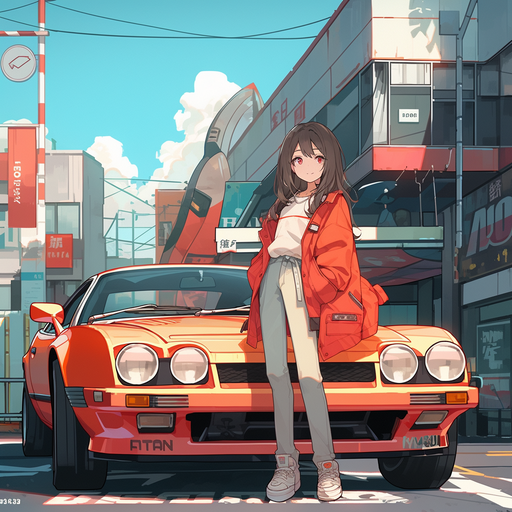 Anime girl posing with a car.