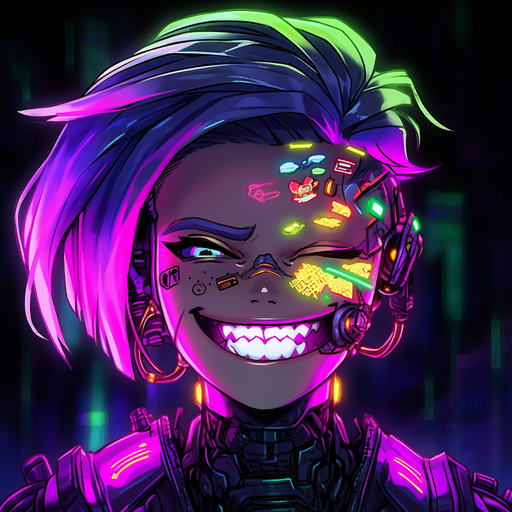 Smiling cyberpunk person with vibrant 90s-style colors.