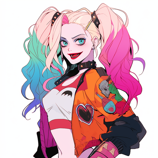 Animated portrait of a vibrant and whimsical character inspired by Harley Quinn, in Studio Ghibli anime style.