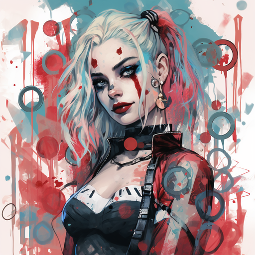 Harley Quinn with vibrant aesthetic makeup and pigtails.