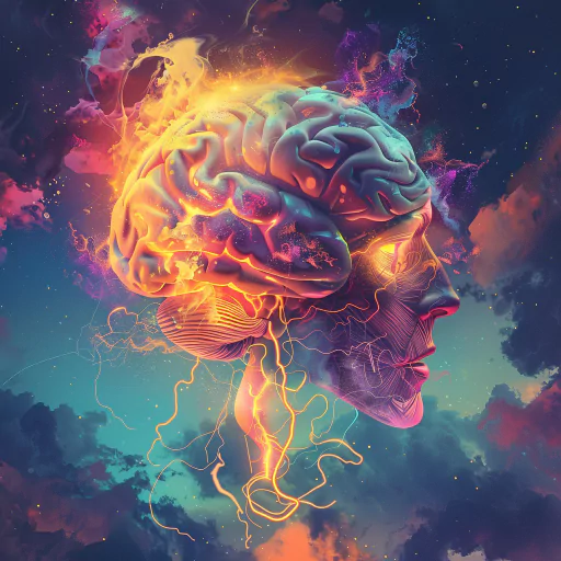 Artistic depiction of a glowing, electrified brain within a semi-transparent human head against a colorful, cosmic background.