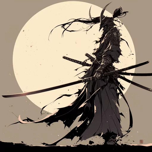 Dramatic samurai profile picture with silhouette against full moon, depicting a traditional armored warrior with multiple swords.