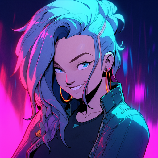Smiling cyberpunk avatar with vivid 90's style colors.