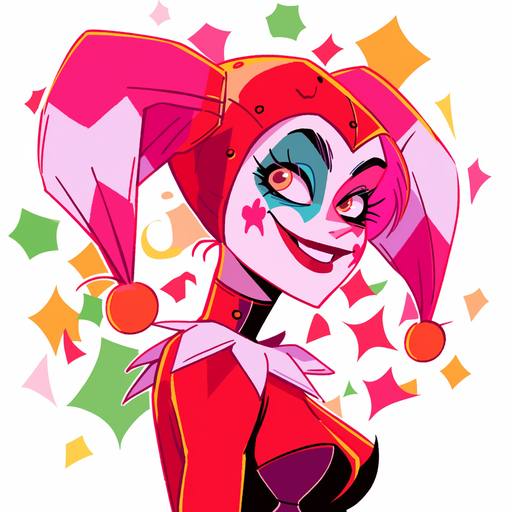 Harley Quinn in a jester costume, inspired by 90s Cartoon Network.