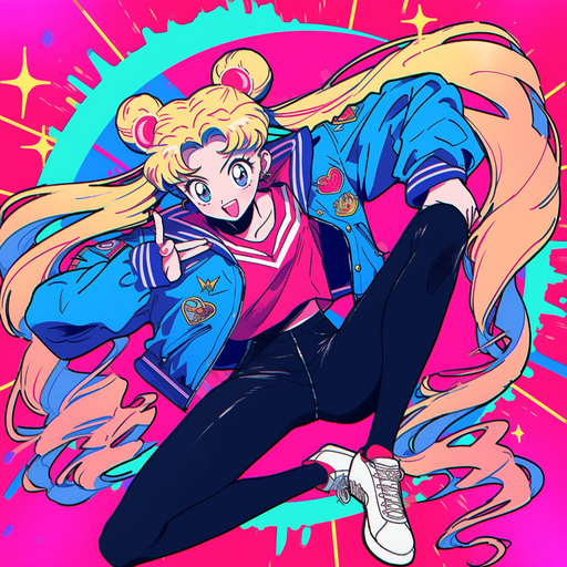 Sailor Moon in 80s anime style striking a funny pose.