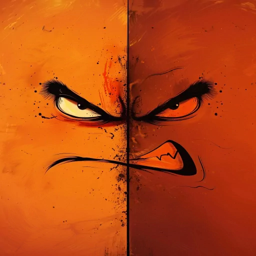 Angry expression avatar with intense eyes and furrowed brows on an orange background for profile picture.