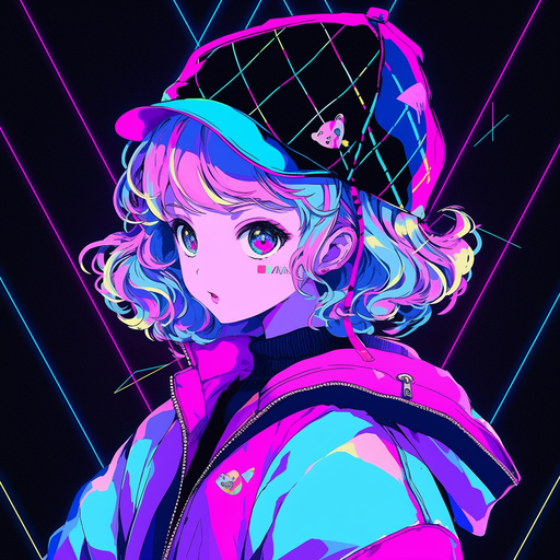 Retrowave-inspired anime girl with vibrant colors, long hair, and stylized clothing.