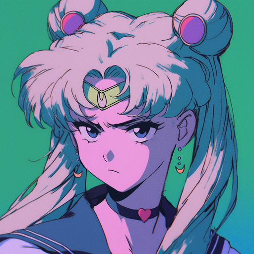 Anime character with annoyed expression, inspired by 90s Sailor Moon style, featuring muted colors.