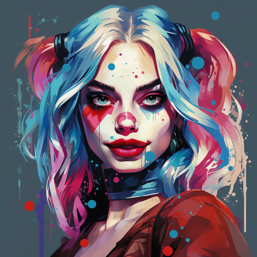 Colorful pop art portrait of Harley Quinn with a bold and vibrant style.