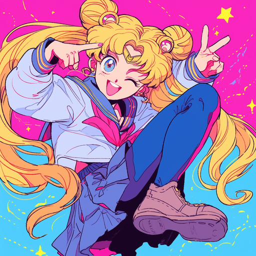 Sailor Moon in playful 80s anime pose.