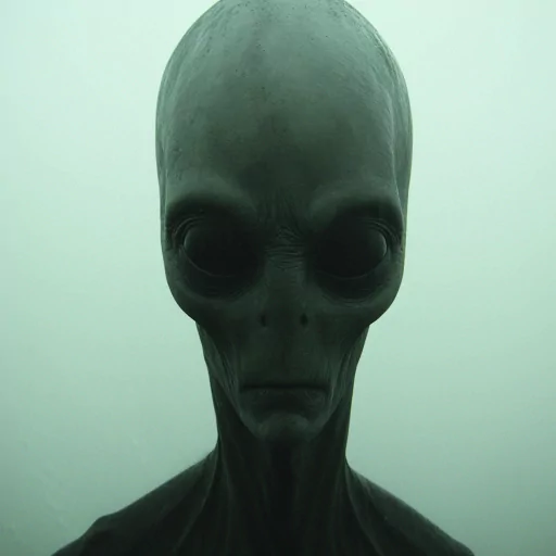 Profile picture of an extraterrestrial alien with large black eyes and a slim neck against a misty background.