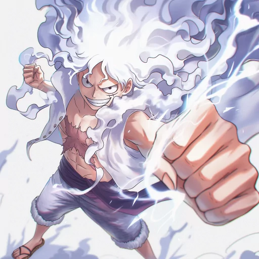 Gear 5 Luffy avatar with dynamic pose and intense blue energy aura for profile picture use.
