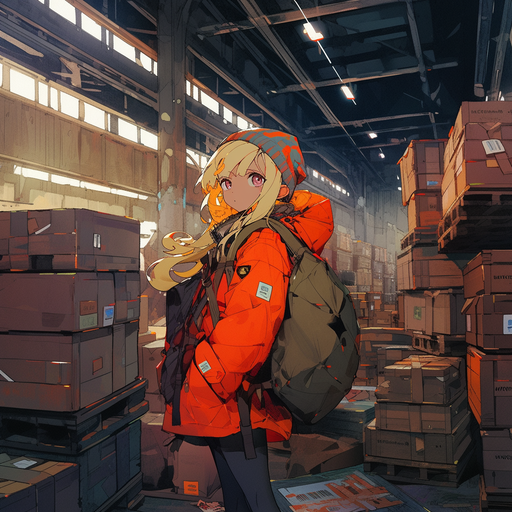 Anime girl standing in a warehouse.