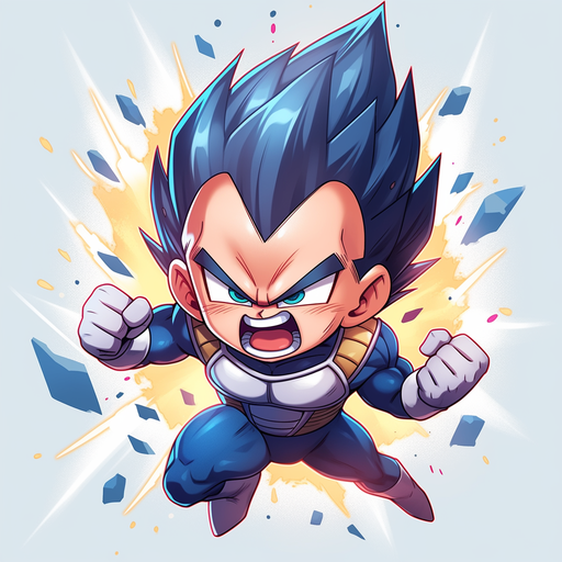 Chibi Vegeta smiling against a colorful background.