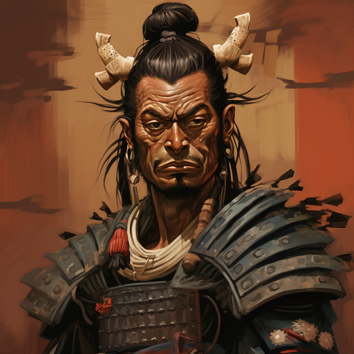 Samurai caricature in profile with traditional armor, helmet, and sword.