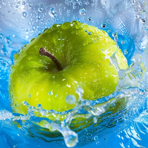Green apple profile picture with fresh water splashes, ideal for a vibrant and refreshing avatar image.