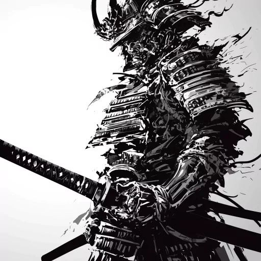 Stylized black and white samurai profile picture showcasing a warrior in traditional armor with a katana sword.