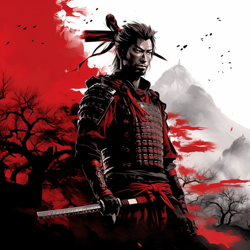Monochrome silhouette of a fierce samurai in red and black.