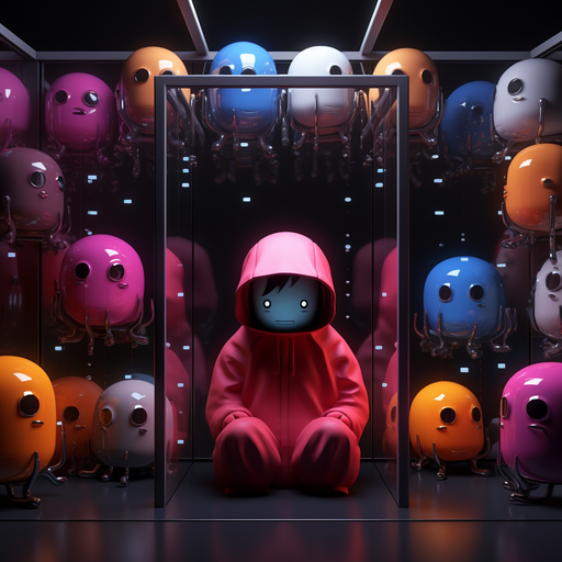 Suspicious character in a spacesuit with a red exclamation mark on a blue background.