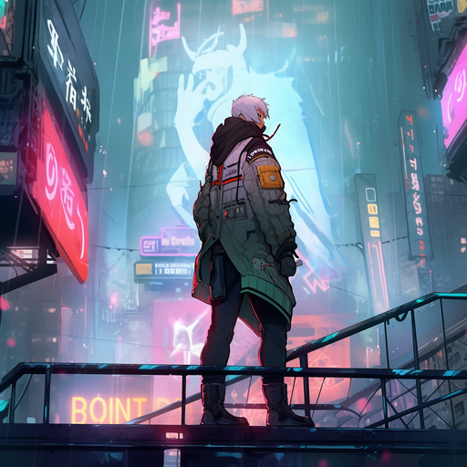 A futuristic cityscape with a cyberpunk character standing on a tall building, exuding an epic vibe.