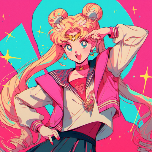Sailor Moon character striking a funny pose in 80s anime style.