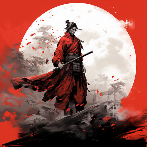 Monochrome samurai wearing red and black attire.