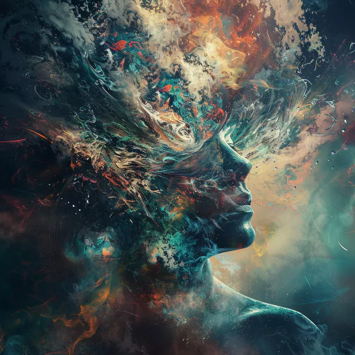 A digital avatar depicting a human figure with an abstract, colorful explosion emanating from the head, suggesting a powerful, dynamic mind.