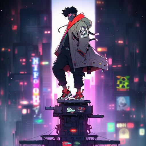 Cyberpunk character standing on a high place with an epic style aesthetic