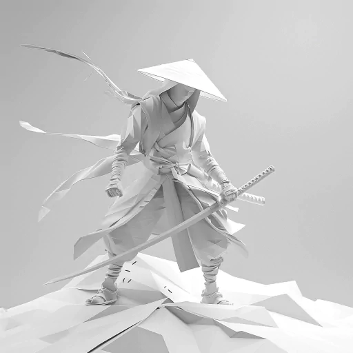 Monochrome digital artwork of a samurai avatar with a sword, standing on geometric shapes, suitable for a profile photo.