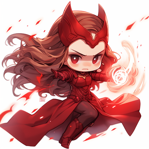 Scarlet Witch chibi anime character in detailed costume with red hair.