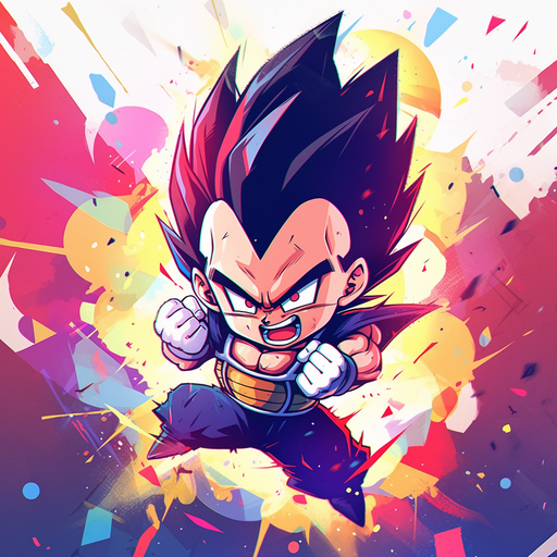 Chibi Vegeta standing against a colorful background.