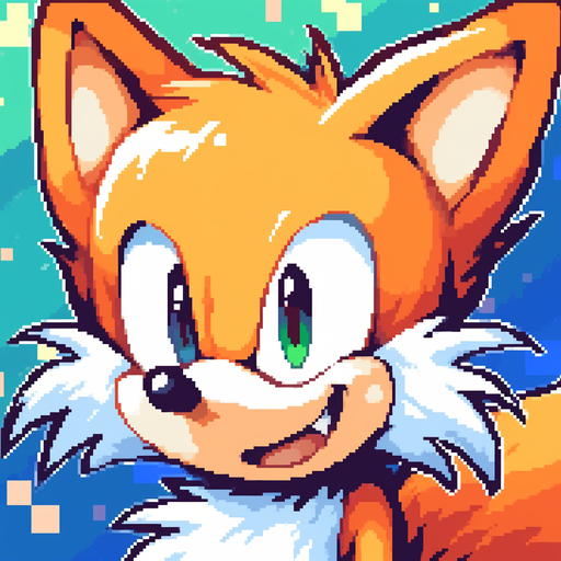 Pixel art of Tails from Sonic against a vibrant background