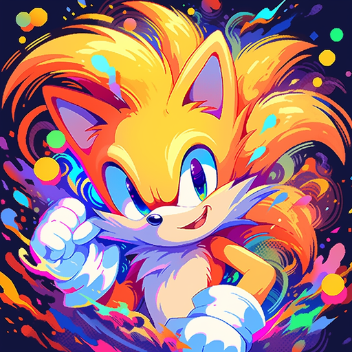 Tails, a fox-like character from Sonic, in a pixel artstyle with a vivid background.