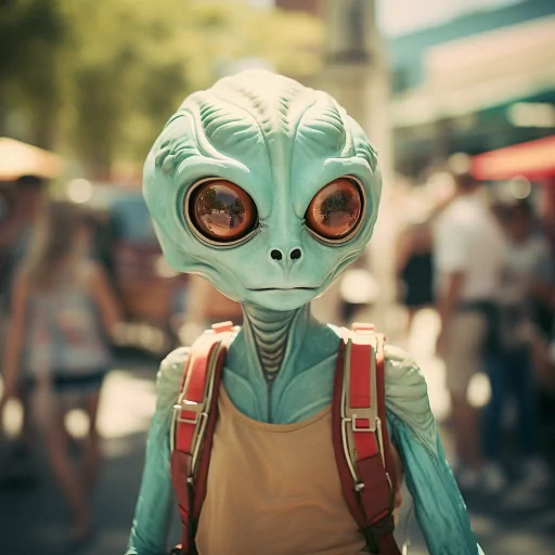 Alien avatar with large eyes and a backpack standing in a busy street, perfect for a unique profile photo.