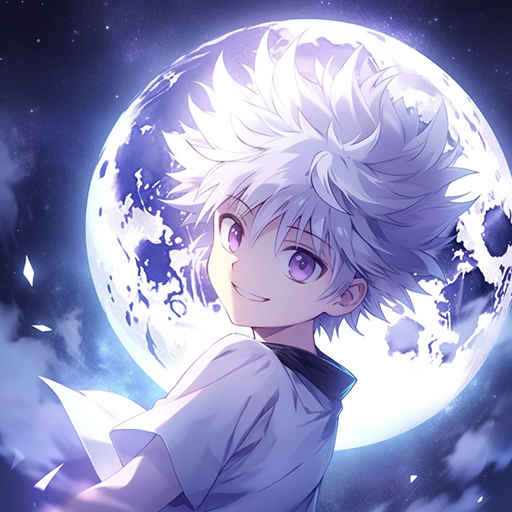 Killua smiling with stylish hair against a moonlit background.