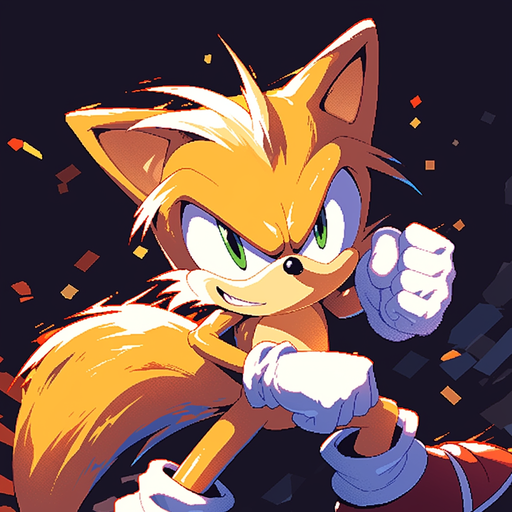 Colorful pixel art depiction of Tails from Sonic against a vivid background