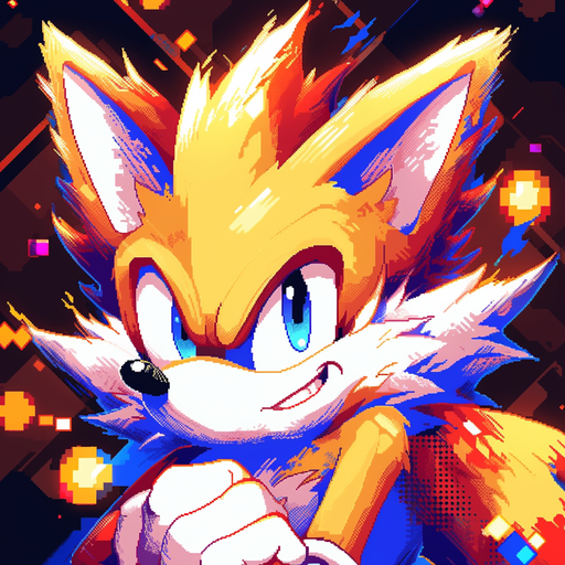 Colorful pixel art of Tails from Sonic against a vivid background.